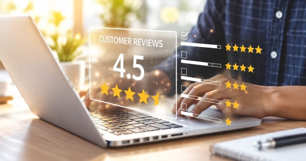 Professionnel consultant les avis clients et leur note sur un ordinateur, gestion des avis en relation client